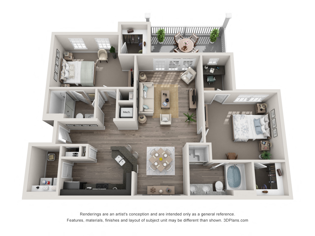 Floor plan for 2 beds, 2 baths, 1311 sqft